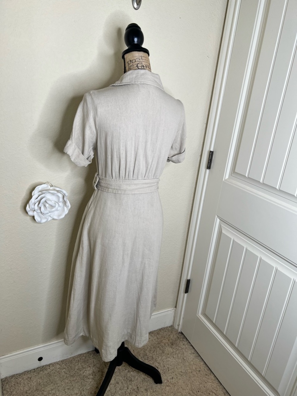 NTM Tahari Linen Blend Shirt Dress Belted Button Front Taupe XS Midi Pockets - Picture 16 of 16
